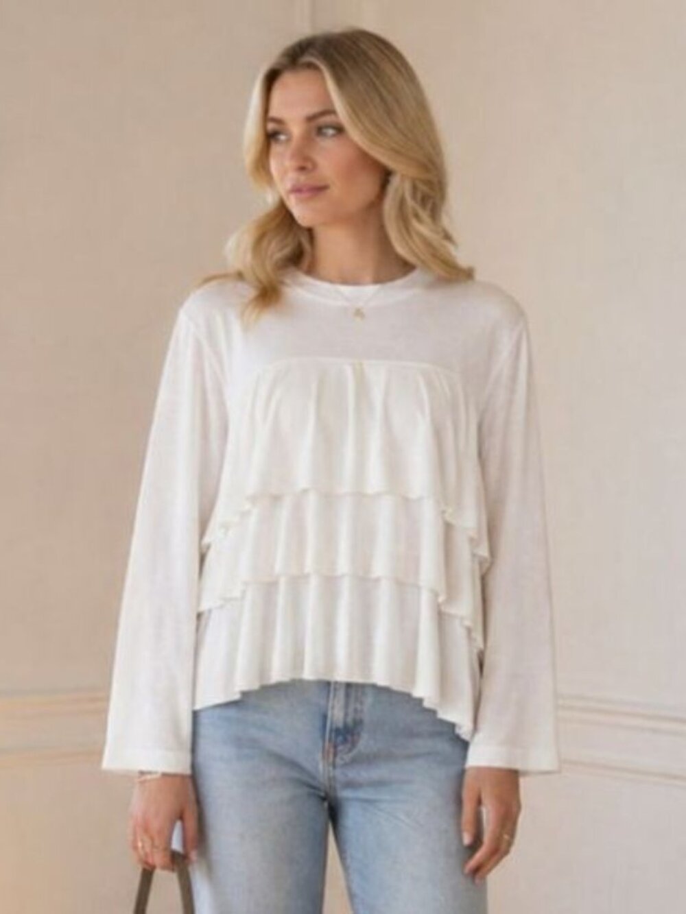 David Lerner White Ruffle Blouse Small Long Sleeve Tiered Ruffle Feminine Top
